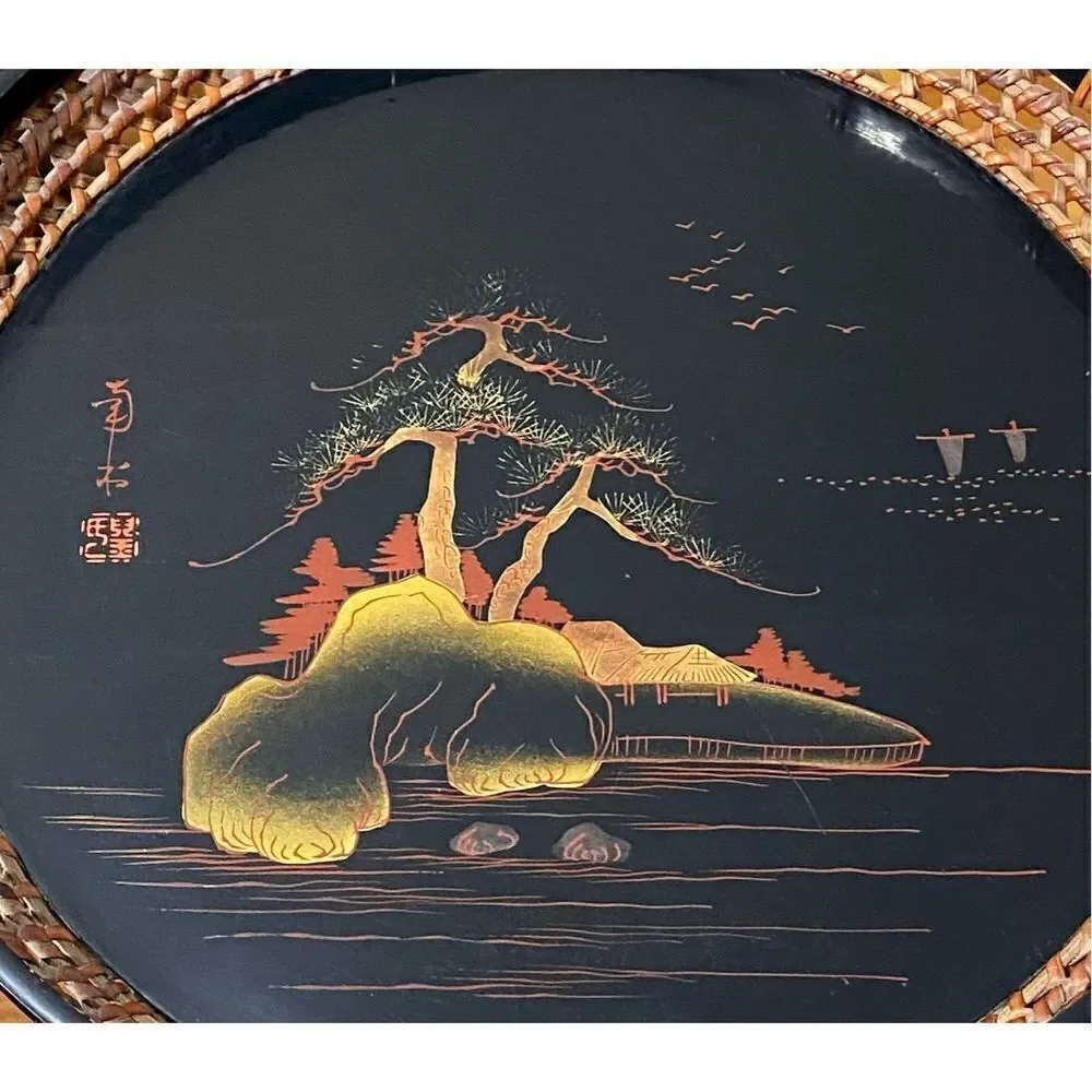 Vintage Japanese Lacquered Hand Painted Wooden Tray with Wicker Sides DR1647
